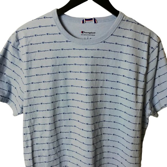 Champion All Over Print T Shirt Graphic Tee Short Sleeve Cotton Logo Blue Large - Picture 2 of 7